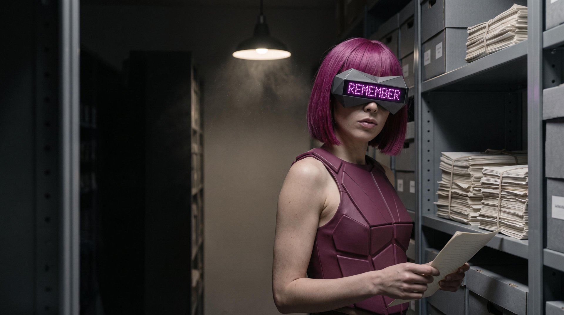 Sestinna in a narrow archive between shelves of loose manuscript pages, a single page in her hands. REMEMBER glows on the visor.