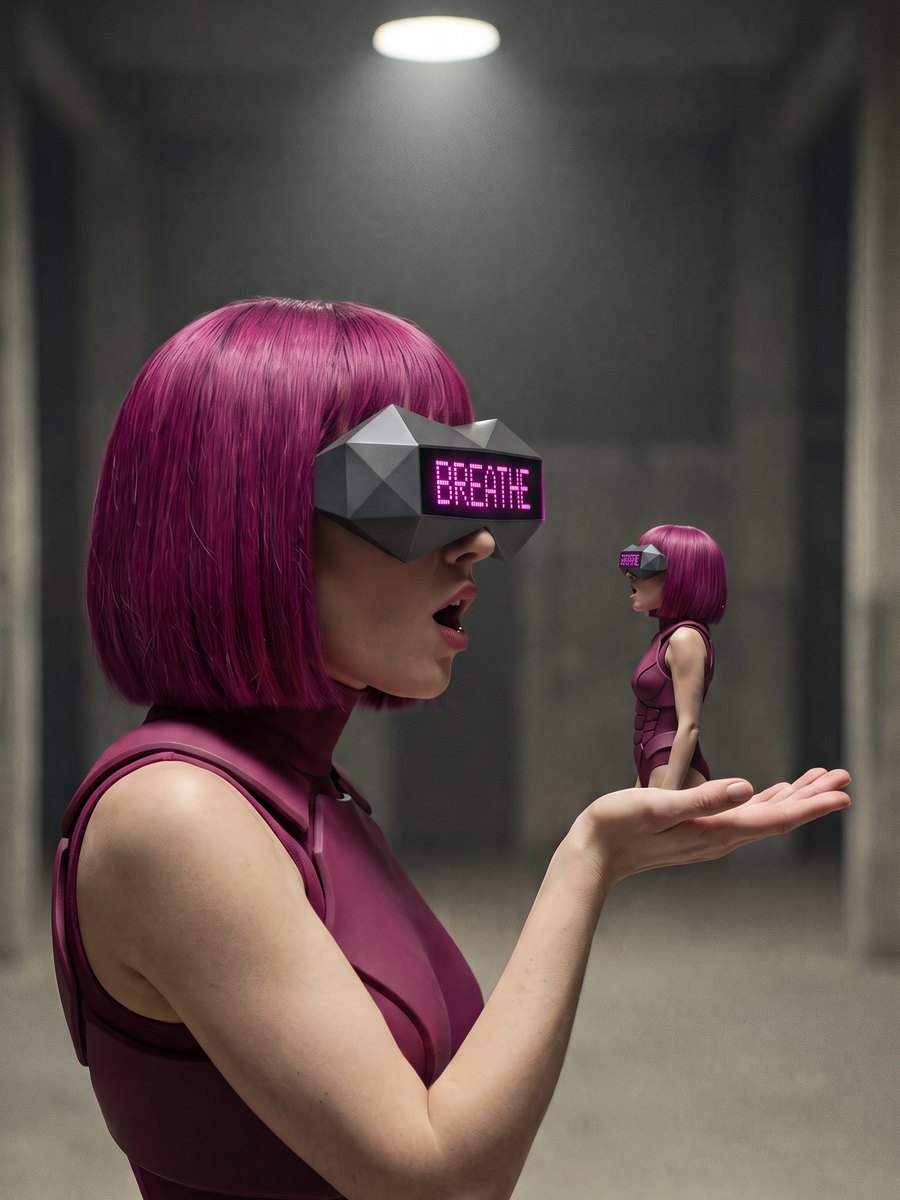 Sestinna holding a tiny figure in her own look on her open palm, BREATHE on the visor