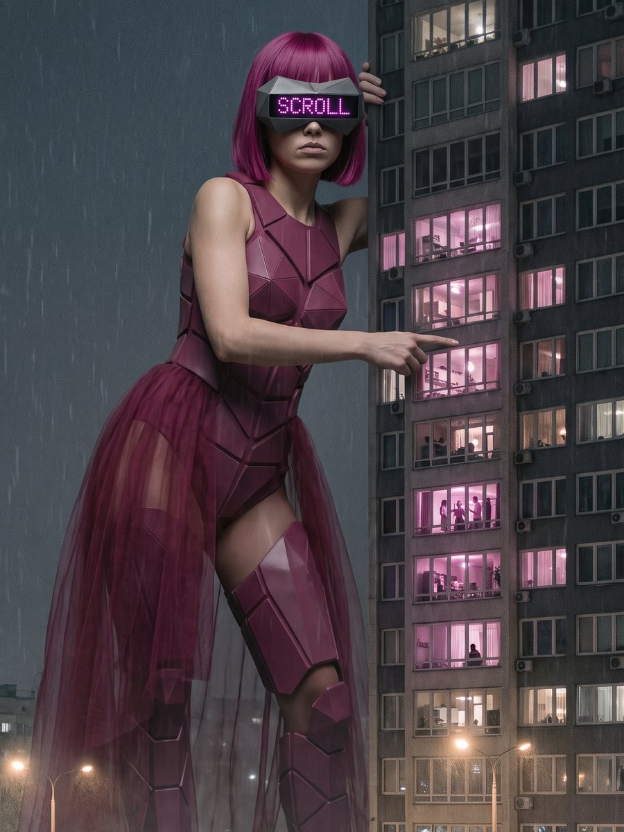 Sestinna as a giant beside a high-rise at night, SCROLL on the visor, one finger on the lit windows